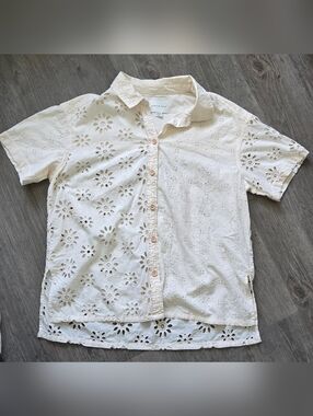 American Eagle Outfitters Cream Eyelet Button-Down Shirt